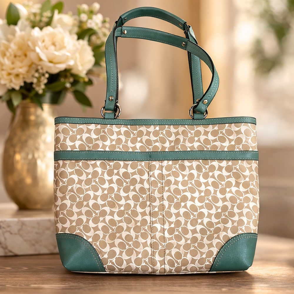 Coach Chelsea Tote Bag Heritage Stripe Signature Teal & Khaki Coated Canvas - Picture 2 of 9